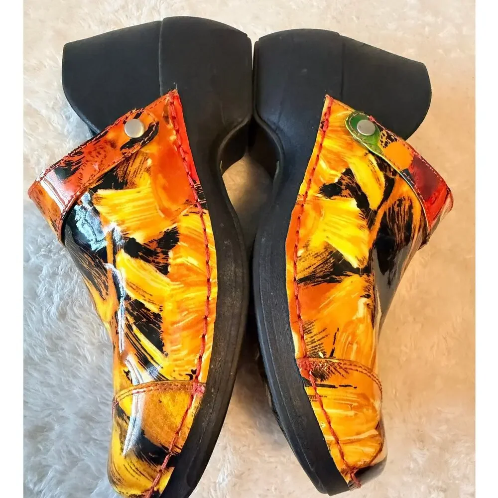 Rocky 4EurSole Women’s 39 Orange Abstract Patent Leather Nursing Clogs US S8